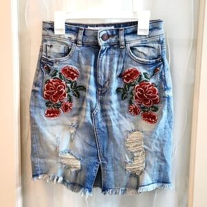 Zara Basic Denim Embroidered Rose Skirt